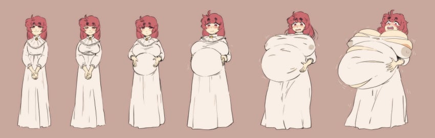 1girl belly_expansion breast_expansion cute dress huge_breasts lactation milk pregnant rapid_pregnancy red_hair ripped_clothing schmuddlejuice sequence tagme