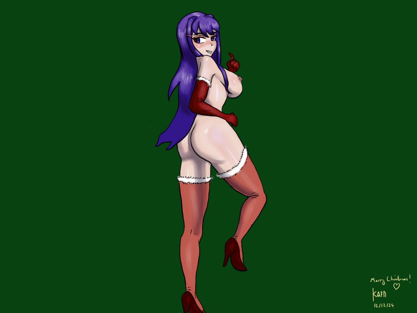 arm_length_gloves ass beckoning blushing_face body_blush doki_doki_literature_club high_heels kainlarsen large_breasts lingerie long_hair long_legs looking_back_at_viewer pale-skinned_female purple_hair seductive_smile sideboob stockings yuri_(doki_doki_literature_club)