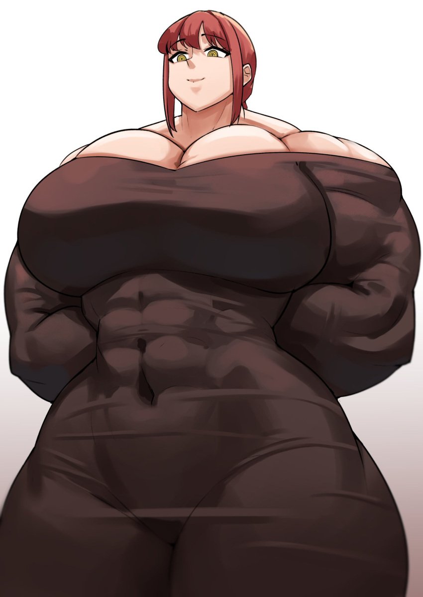 bigger_than_canon chainsaw_man dress hands_behind_back huge_female makima_(chainsaw_man) muscle_fetish musctonk muscular_female red_hair ringed_eyes subtle_smile twitter