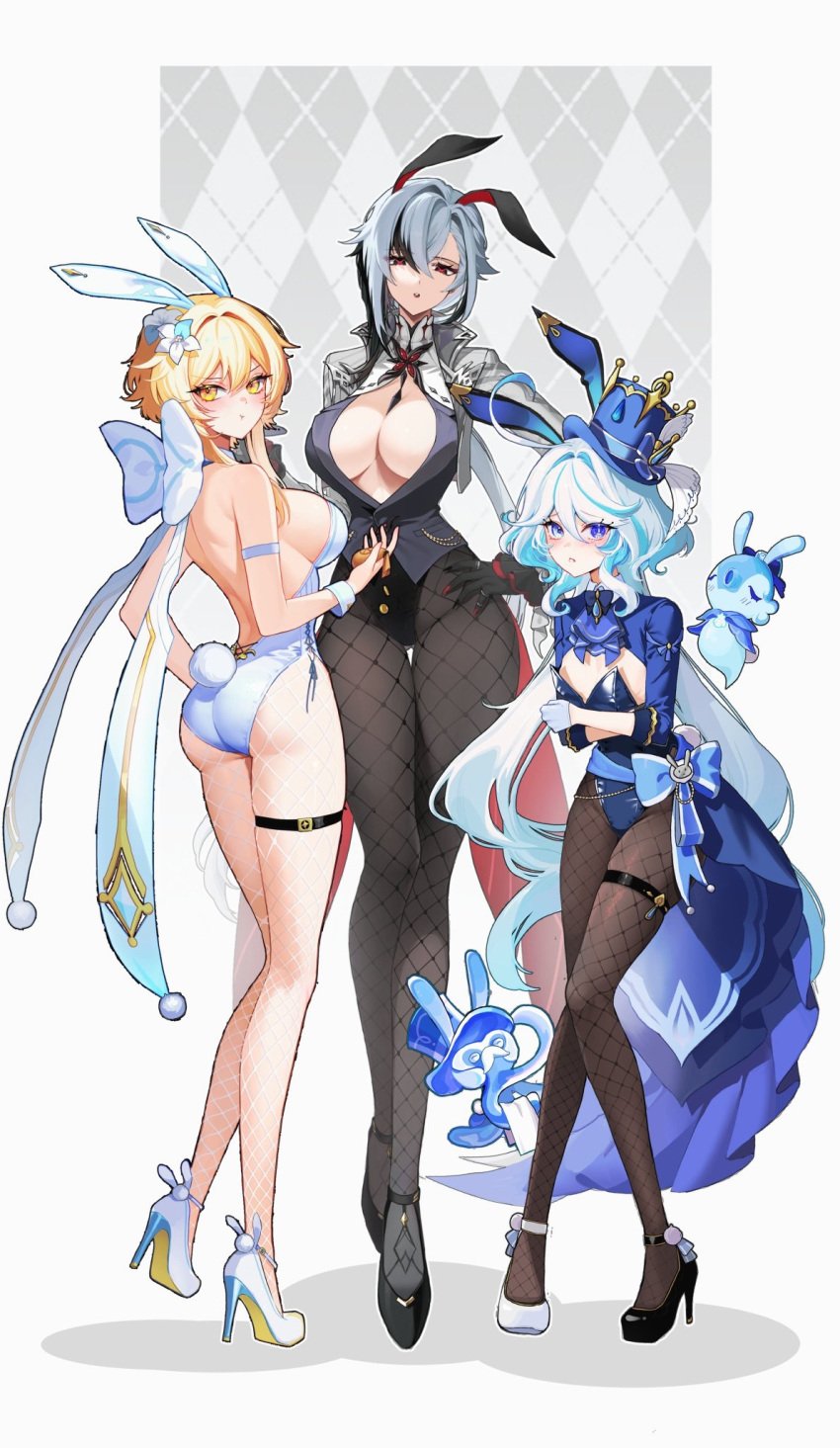 3girls ahoge arlecchino_(genshin_impact) big_breasts black_hair blue_eyes blue_hair bob_cut bunny_ears bunny_girl bunny_tail bunnysuit flower furina_(genshin_impact) genshin_impact hat huge_breasts huge_thighs jewelry long_hair lumine_(genshin_impact) red_hair ribbon short_hair small_breasts thighs white_hair yellow_hair