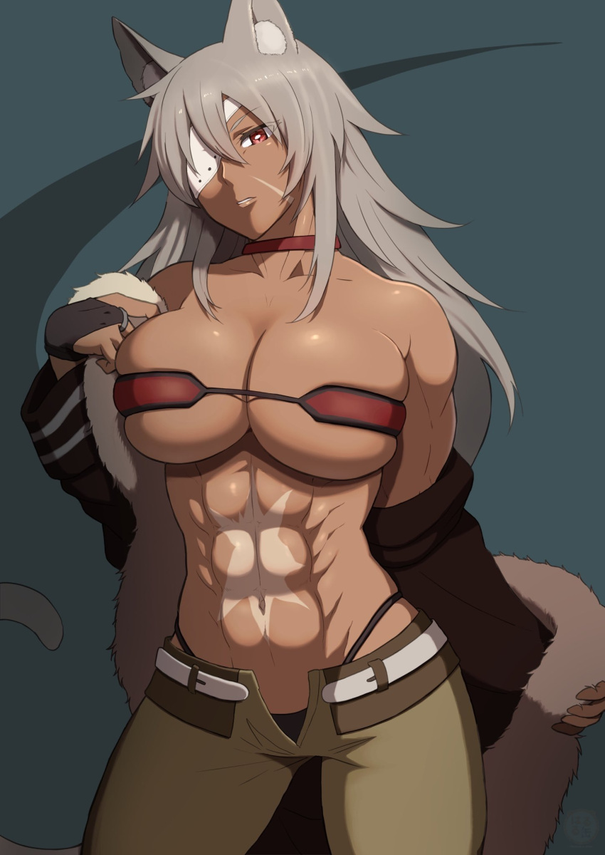 1girls abs animal_ears black_panties breasts choker cleavage cowboy_shot dark-skinned_female dark_skin eyepatch ghislaine_dedoldia glaring grey_hair harurukan hi_res highleg_panties jacket large_breasts midriff muscular muscular_female mushoku_tensei navel obliques open_pants panties parted_bangs red_eyes scar scar_on_face scars simple_background tail underboob underwear undressing watermark wolf_ears