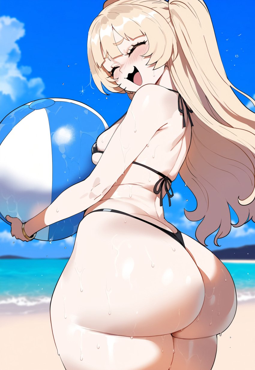 1girls ai_generated ass azur_lane bache_(azur_lane) beach black_bikini blonde_hair creamy_ai long_hair micro_bikini outdoors purple_eyes small_breasts solo twintails uncensored