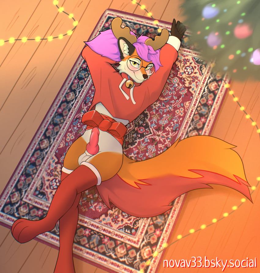 absurd_res anthro bell bow_ribbon canid canine carpet christmas christmas_clothing christmas_headwear christmas_lights christmas_tree clothing crossed_legs eyewear femboy fox fur genitals glasses hair headgear headwear hi_res holidays knot knotted_penis legwear looking_at_viewer lying male mammal nova_(novav33) novav33 orange_body orange_fur penis pink_hair plant smile solo stockings sweater topwear tree