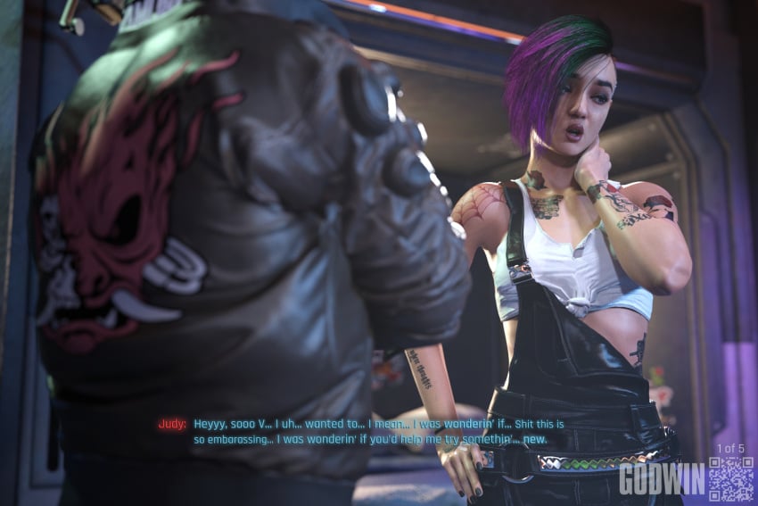 1boy 1girls 3d caption clothed comic comic_page cyberpunk_(series) cyberpunk_2077 embarrassed female godwin green_hair jacket judy_alvarez neroxliv overalls purple_hair safe_for_work sfw shy subtitled talking tanktop tattoo tattoos v_(cyberpunk_2077) vincent_(cyberpunk_2077)