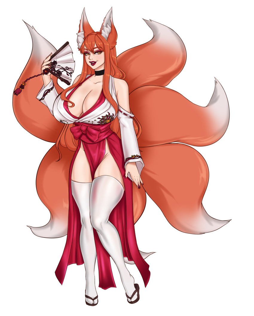 artwithmoira big_breasts corruption_of_champions_ii female kitsune lipstick miko_(coc) red_hair skindentation thighhighs