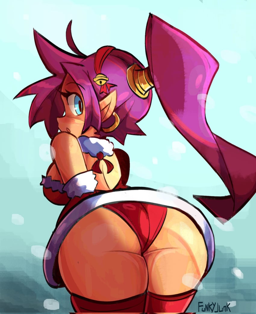 2024 ass azjack blue_eyes breasts christmas earrings female female_only looking_at_viewer looking_back purple_hair red_panties santa_costume shantae shantae_(character) tan_skin tanned_female thick_thighs thighhighs thighs tied_hair upskirt wayforward