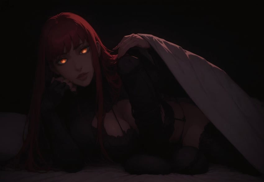 ai_generated bed bed_sheet chainsaw_man civitai dim_lighting erect_penis erection erection_under_clothes futanari glowing_eyes hi_res highres huge_cock inviting_under_covers large_balls large_breasts large_penis laying_down laying_on_bed lingerie looking_at_viewer makima_(chainsaw_man) penis penis_ornament penis_stocking red_eyes ringed_eyes romantic_ambiance under_blanket yellow_eyes