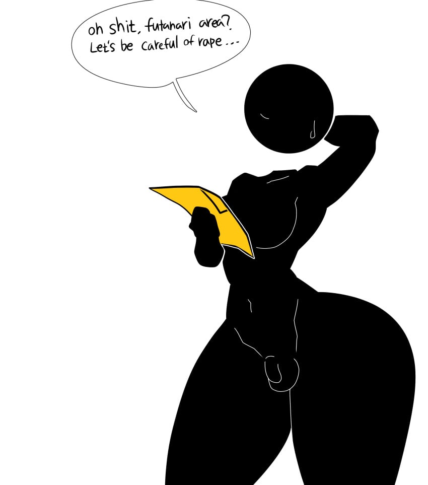 1futa arms_behind_back ass breasts chochobo_nsfw collarbone dugeulia1 futanari holding_object holding_paper large_ass penis simple_background small_penis solo speech_bubble standing sweatdrop text thick_thighs thighs warning_sign_person white_background wide_hips