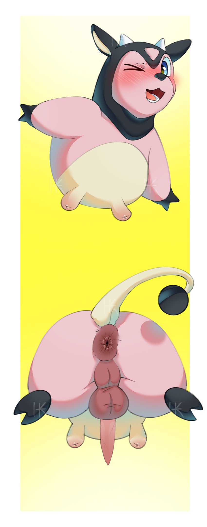 animal_genitalia animal_penis anus anus_focus anus_peek ass ass_focus balls bovine feral fur genitals long_tail male male_only miltank multi_nipple penis pink_body pokemon solo tail