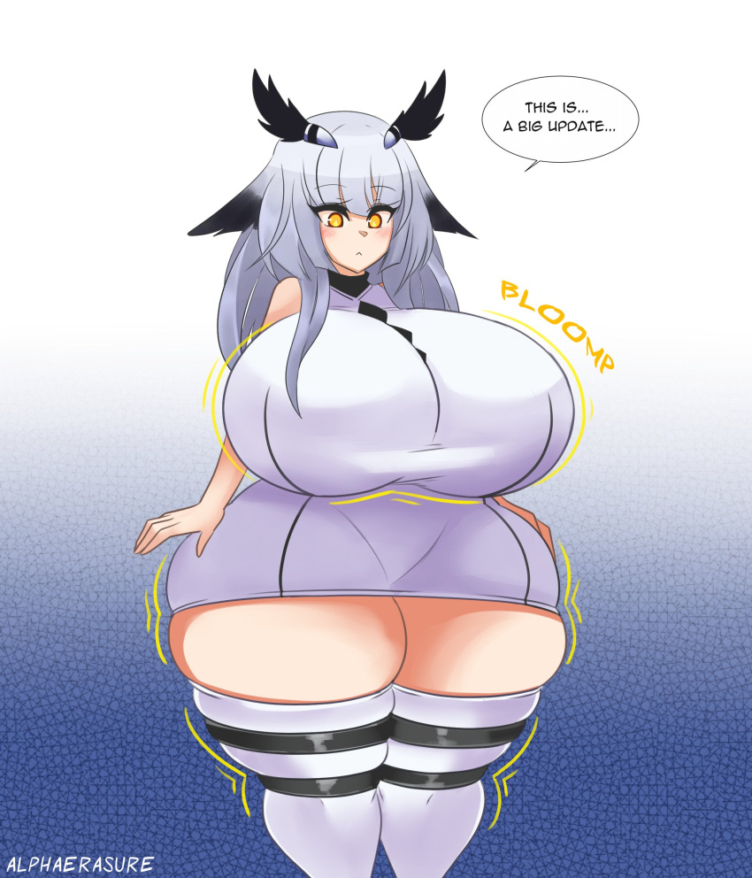 1girls alphaerasure arknights ass_expansion big_breasts breast_expansion breasts dialogue huge_breasts ptilopsis_(arknights) thick_thighs thighhighs white_hair yellow_eyes