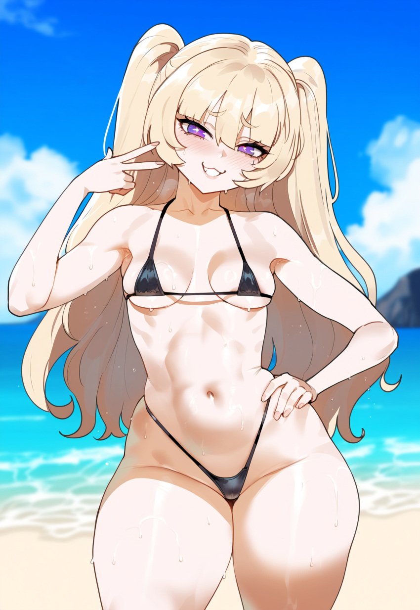 1girls ai_generated azur_lane bache_(azur_lane) beach black_bikini blonde_hair creamy_ai long_hair micro_bikini navel outdoors purple_eyes small_breasts solo twintails uncensored