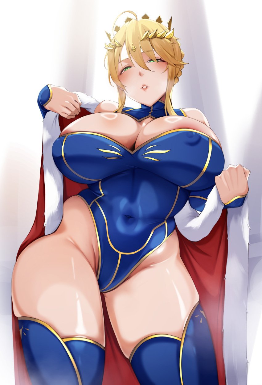 1girls absurd_res absurdres areola_slip areolae artoria_pendragon artoria_pendragon_(lancer) big_breasts blonde_hair blue_leotard breasts cape cleavage erect_nipples fate/grand_order fate_(series) female female_only green_eyes hair headwear high_resolution highleg_leotard highres hips huge_breasts legwear nipple_bulge parted_lips solo solo_female sso_001 thick_thighs thighs wide_hips