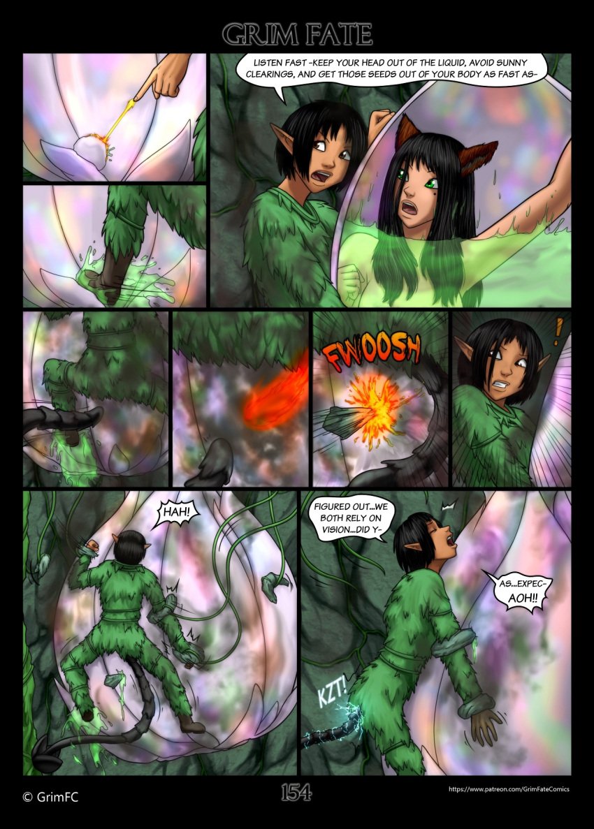 2girls black_hair bobbydando brown_eyes capsule clothed comic electrocution elf_girl english_text fire_magic fox_girl green_eyes grim_fate in_water nude original original_characters page_154 patreon_username speech_bubble tentacle_in_ass tentacle_plant vines