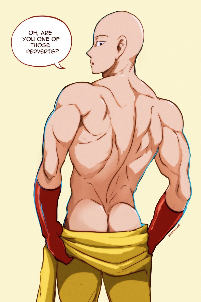 1boy ass back_muscles bald exposed_ass gloves judging lilprincyvi looking_at_viewer looking_back male male_focus male_only muscular_back one-punch_man pulling_down_pants red_gloves saitama solo solo_male towel