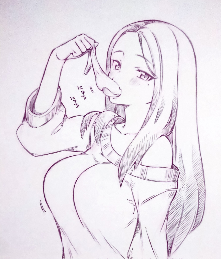 breasts commentary_request condom copyright_request female highres large_breasts long_hair looking_at_viewer monochrome solo traditional_media tsukareta_san used_condom