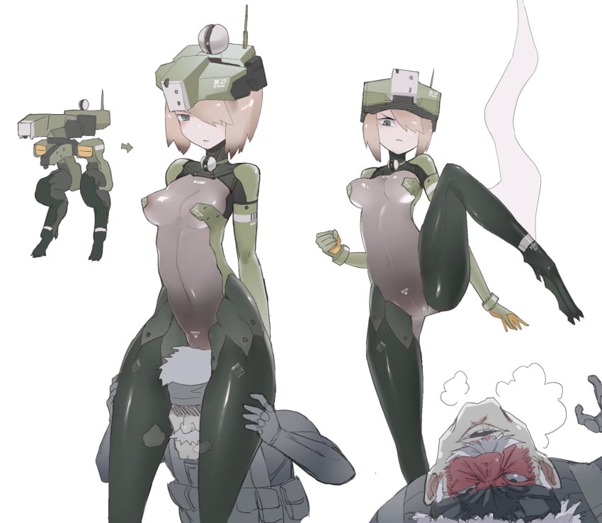 1boy 1girls angry bigsharkuncle blonde_hair blush breasts gekko_(metal_gear_solid) grey_eyes hair_over_one_eye head_between_thighs hi_res highres konami mecha_musume medium_breasts metal_gear metal_gear_solid old_snake personification robot_girl short_hair simple_background solid_snake steaming_body white_background