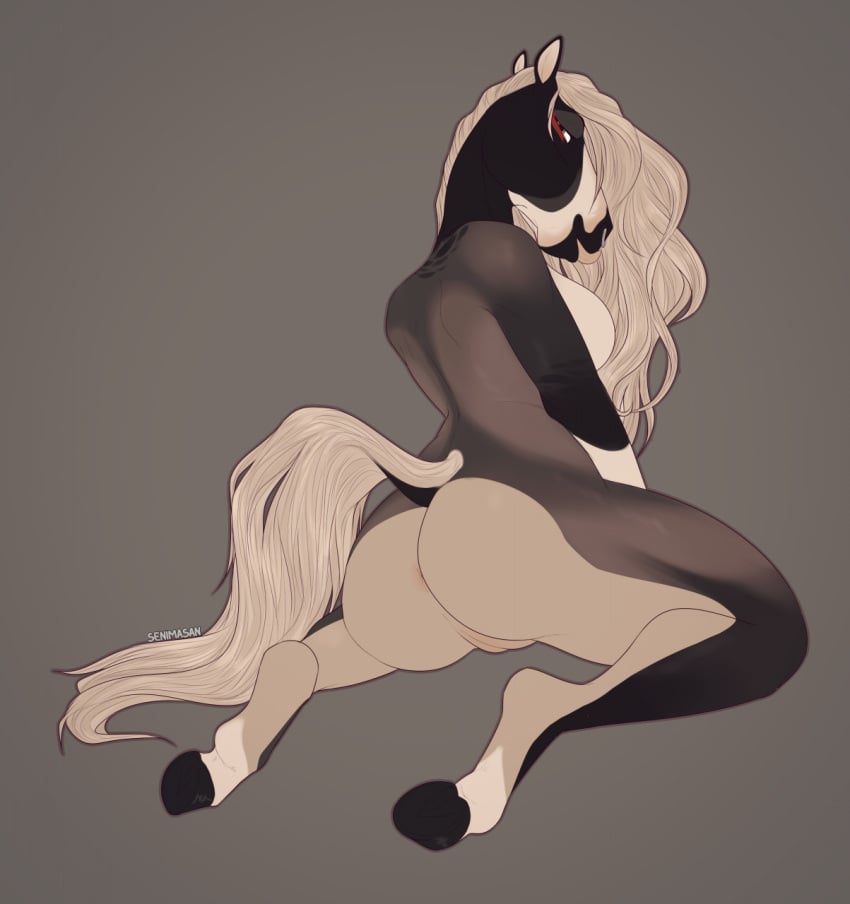 2022 anthro anus ass breasts digital_media_(artwork) equid equine female fur furry furry_only genitals hair hi_res hooves horse looking_back mammal naked nude pussy senimasan simple_background solo tail thick_thighs