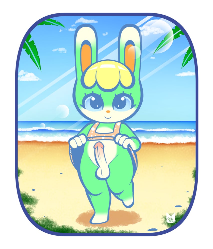 animal_crossing anthro balls beach blonde_hair blush clothed clothing fur genitals girly green_body hair hi_res lagomorph leporid looking_at_viewer male male_only mammal nintendo penis rabbit sasha_(animal_crossing) seaside skirt skirt_lift solo tophatmahoney topwear video_games water