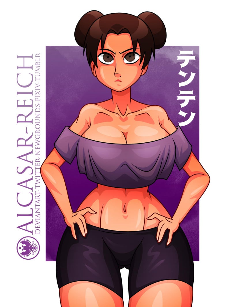 1girls alcasar-reich ass_visible_through_thighs barefoot belly_button big_breasts bike_shorts brown_eyes brown_hair busty cleavage clothed clothing crop_top curvaceous curvy curvy_figure female female_focus female_only fully_clothed hair_bun hand_on_hip large_breasts light-skinned_female light_skin naruto naruto_(series) naruto_shippuden pinup short_hair short_shorts shorts shounen_jump skimpy skimpy_clothes solo solo_female solo_focus tenten tubetop voluptuous wide_hips