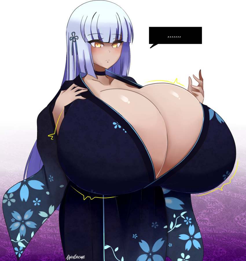 1girls alphaerasure big_breasts breast_expansion breasts dialogue hyper_breasts kimono ruin_(alphaerasure) yellow_eyes