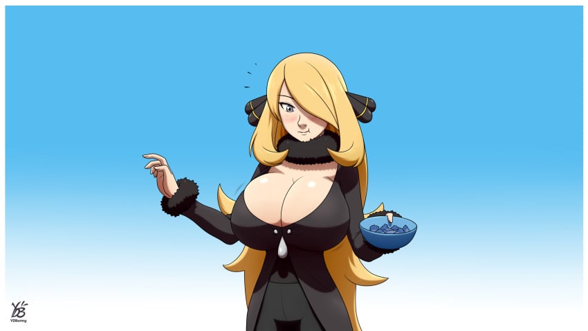 1girls alternate_breast_size big_breasts blonde_hair breast_expansion breasts cleavage cynthia_(pokemon) huge_breasts human_female pokemon solo solo_female tagme ydbunny