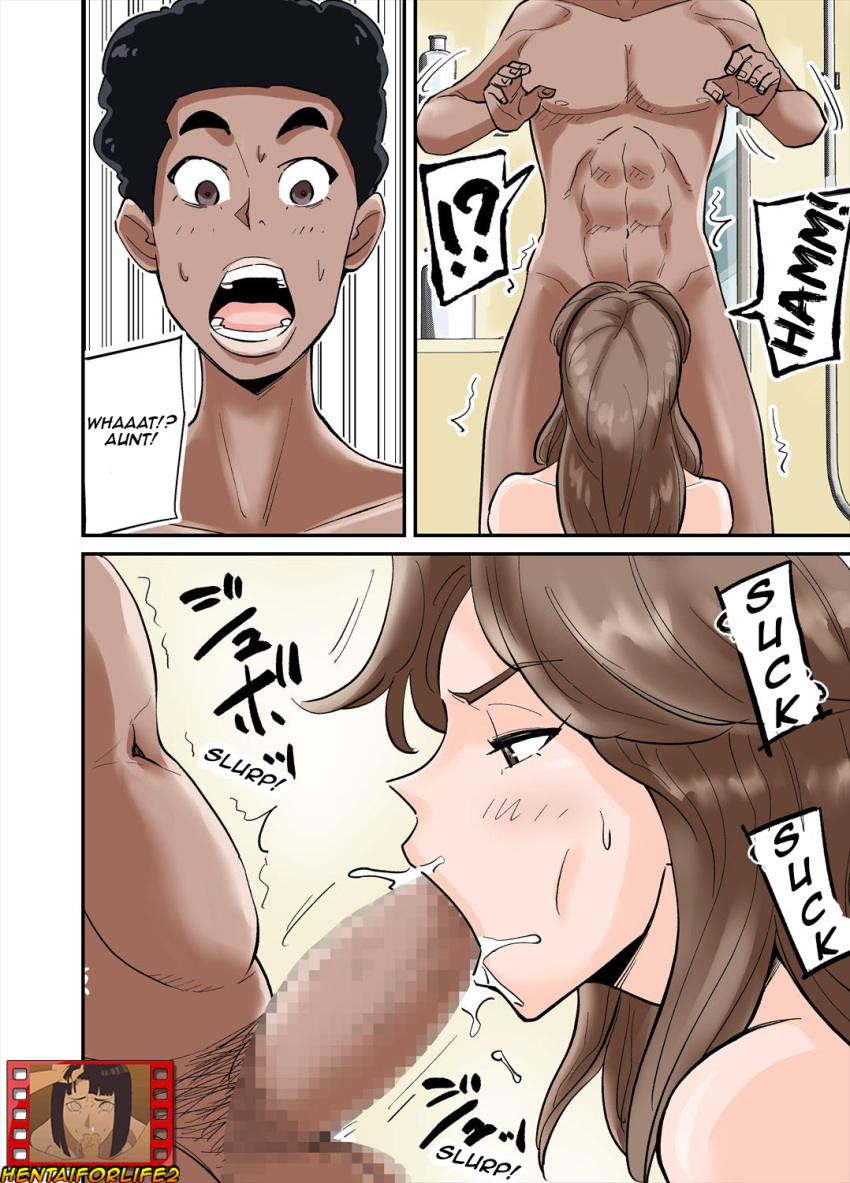 1boy 1girls bathroom censored comic dark-skinned_male doujinshi english_text fellatio hard_translated interracial mother motherly_cuckold nobishiro oral original original_character penis translated translator_name