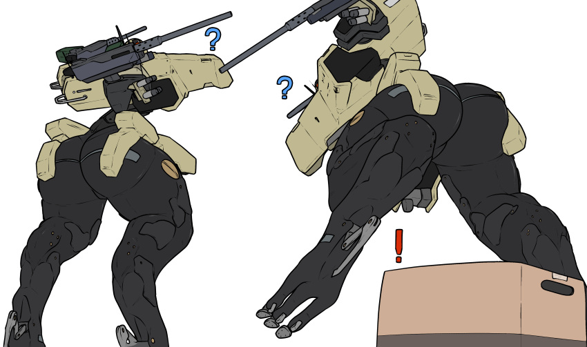 ! ? absurd_res ambiguous_gender big_ass cardboard_box duo exclamation_point gekko_(metal_gear_solid) hi_res highres konami metal_gear metal_gear_solid metal_gear_solid_4 methados question_mark rear_view robot robot_humanoid simple_background thick_thighs transparent_background unseen_character