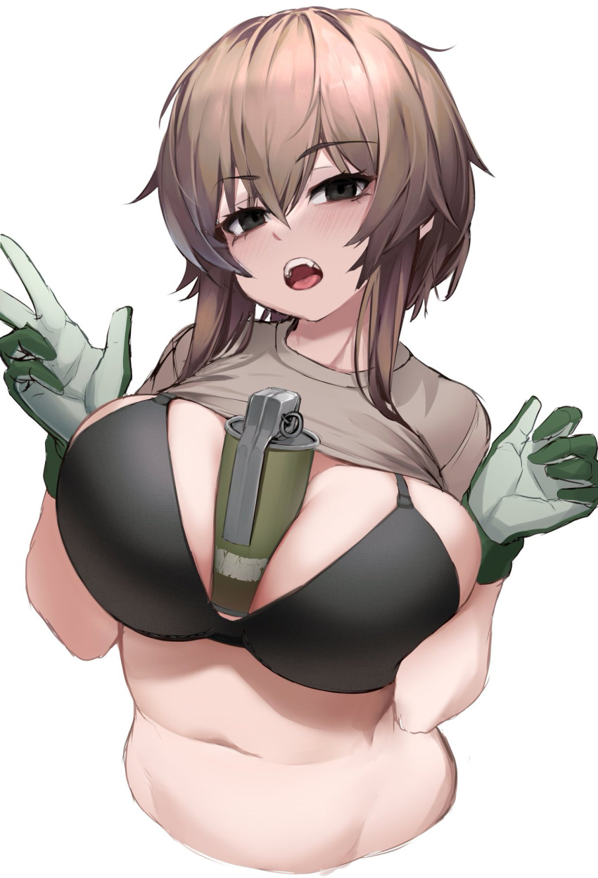 bare_midriff big_breasts black_bra black_eyes blank_background blank_eyes blush blush_lines blushing_at_viewer brown_hair female female_focus female_only foreplay gloves grenade kanine41 karinn karinn(oc) large_breasts looking_at_viewer object_between_breasts open_mouth peace_sign seductive seductive_gaze seductive_look seductive_pose shirt_lift short_hair solo_female toned toned_female toned_stomach v white_background