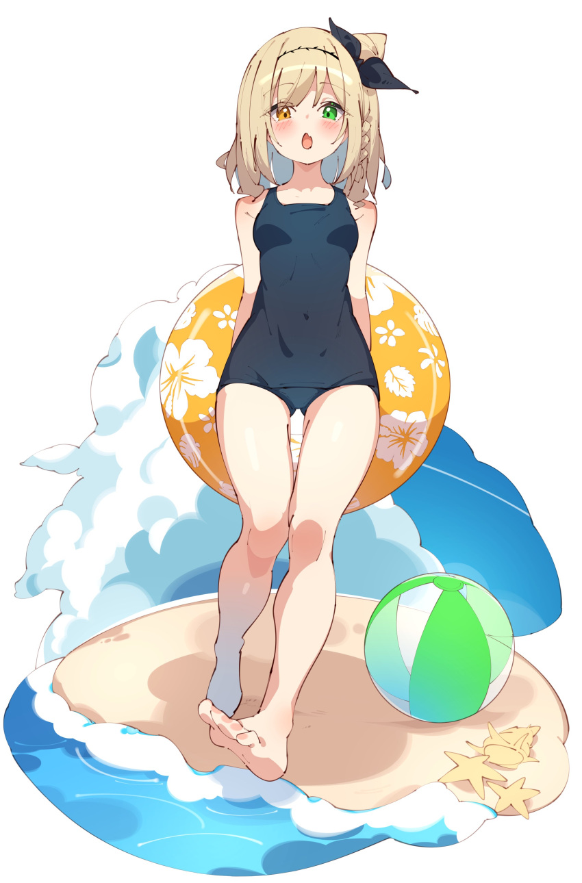 1girls :o barefoot beach_ball blush eyebrows_visible_through_hair feet female full_body heterochromia light-skinned_female light_skin open_mouth rasusurasu solo starfish swimsuit toes