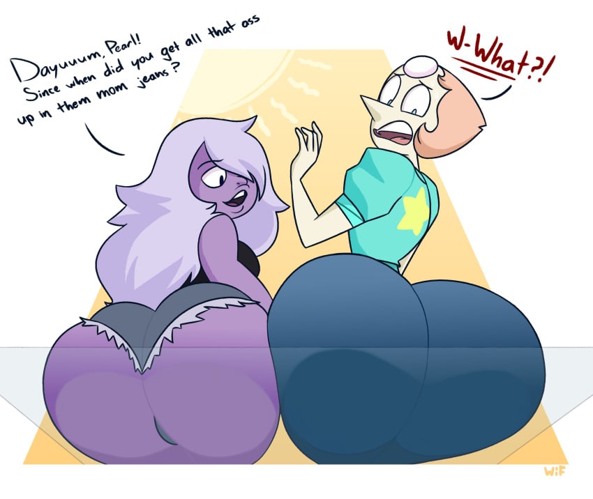 2girls against_glass alien alien_girl alien_humanoid amethyst_(steven_universe) ass ass_focus ass_on_glass back_view big_ass big_butt blue_eyes booty_shorts bottom_heavy bubble_ass bubble_butt cartoon_network chubby chubby_female clothed clothed_sex dat_ass dialogue double_ass_focus eyelashes fat fat_ass fat_butt females females_only gem_(species) huge_ass huge_butt jacket jeans large_ass large_butt light-skinned_female light_skin looking_at_viewer looking_back milf mom_jeans pearl_(gem) pearl_(steven_universe) purple_body purple_skin short_hair shorts sitting_on_glass star_symbol steven_universe steven_universe_future thick_ass thick_thighs tight_pants weirdisfun white_hair wide_hips