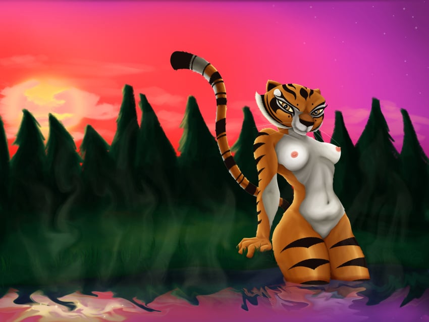 anthro astraldog athletic_female breasts dreamworks feline female female_abs fit_female fur hot_spring kung_fu_panda looking_at_viewer mammal master_tigress navel nude outside solo stripes sunset tiger toned water white_fur