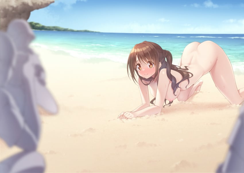 3boys all_fours ass back beach blurry blurry_foreground blush breasts brown_eyes brown_hair camera closed_mouth commentary_request completely_nude depth_of_field female hanging_breasts highres ichi_makoto idolmaster idolmaster_cinderella_girls kazuma_(kazumav) large_breasts long_hair looking_at_viewer modeling multiple_boys nipples nude ocean one_side_up outdoors photo_shoot public_indecency public_nudity sand shimamura_uzuki sky smile taking_picture tareme the_idolm@ster the_idolm@ster_cinderella_girls top-down_bottom-up