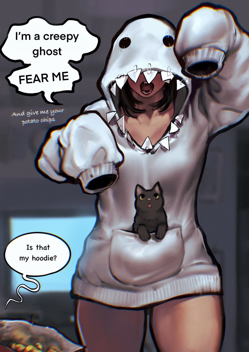 1girls ayaki777 breasts cat english_text female fully_clothed ghost ghost_girl hoodie open_mouth original original_character potato_chips sharp_teeth thick_thighs thighs tv white_hoodie wholesome