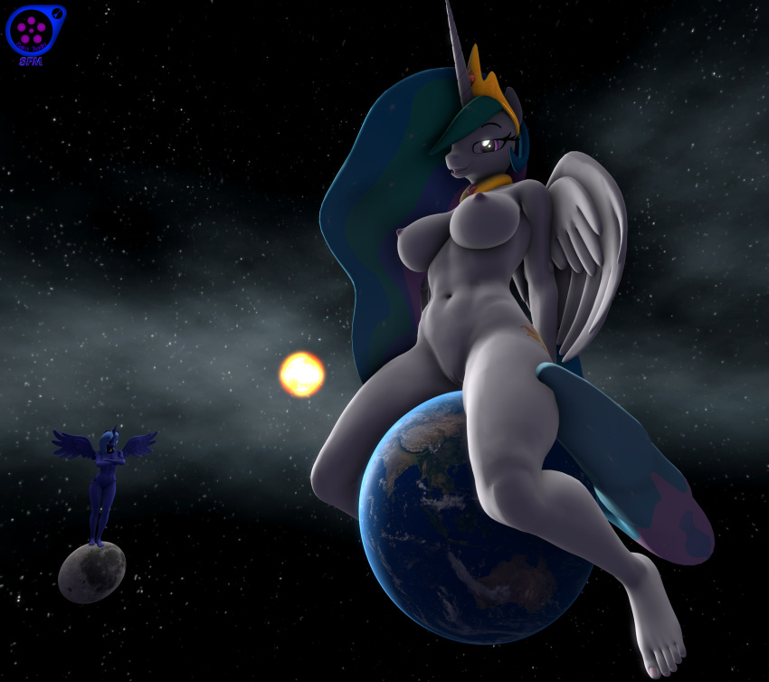 3d 3d_(artwork) alicorn anthro blue_body blue_eyes blue_skin crossed_arms crown digital_media_(artwork) earth equid equine eyelashes feet female friendship_is_magic genitals hasbro hi_res horn long_mane macro mammal mane moon my_little_pony navel nude pink_eyes planet princess_celestia_(mlp) princess_luna_(mlp) pussy rainsstudio space star sun white_body white_skin wings