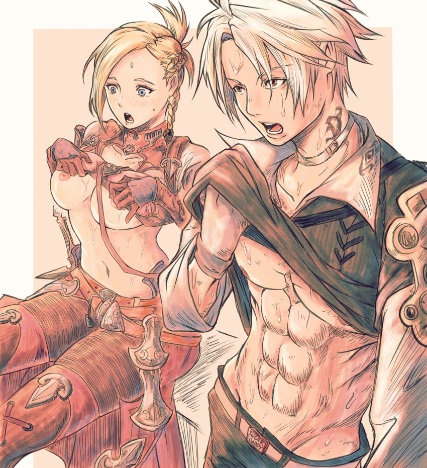 1boy 1girls belt belt_buckle big_breasts blonde_hair blue_eyes breasts breasts_out brown_eyes clothed dagger female final_fantasy final_fantasy_xiv gloves gusty10rk hyur male midlander minfilia muscular muscular_male open_mouth pants square_enix sweat sweating tattoo thancred thancred_waters white_hair