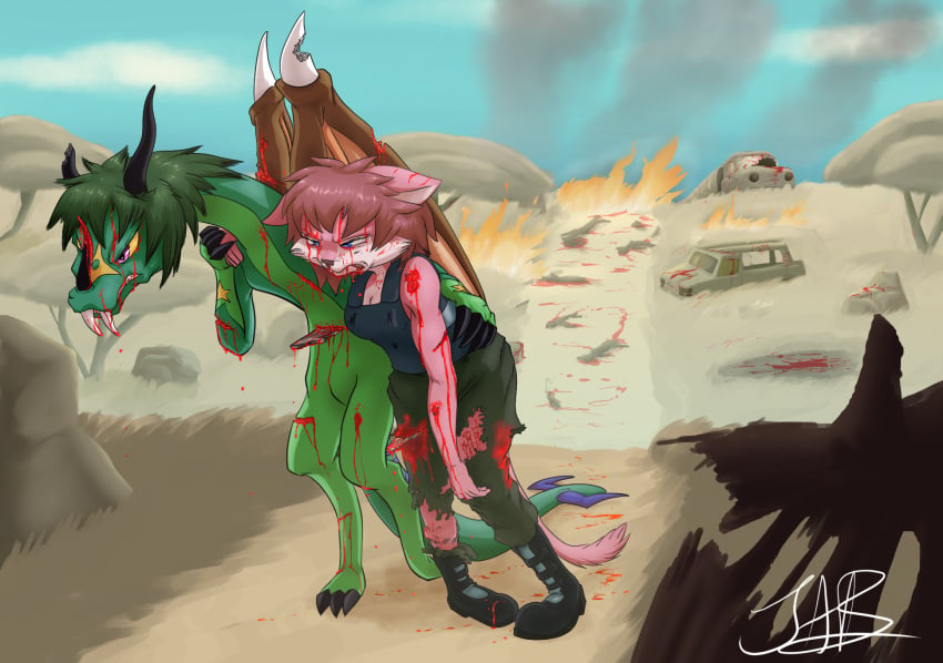 action_scene aftermath anthro battlefield blood bodily_fluids broken_leg bulletproof_vest domestic_cat dragon duo fantasy felid feline felis female fire helping_hand hi_res isea_(turkojar) male mammal mercenary near_death savanna serpenna survivor turkojar wounded