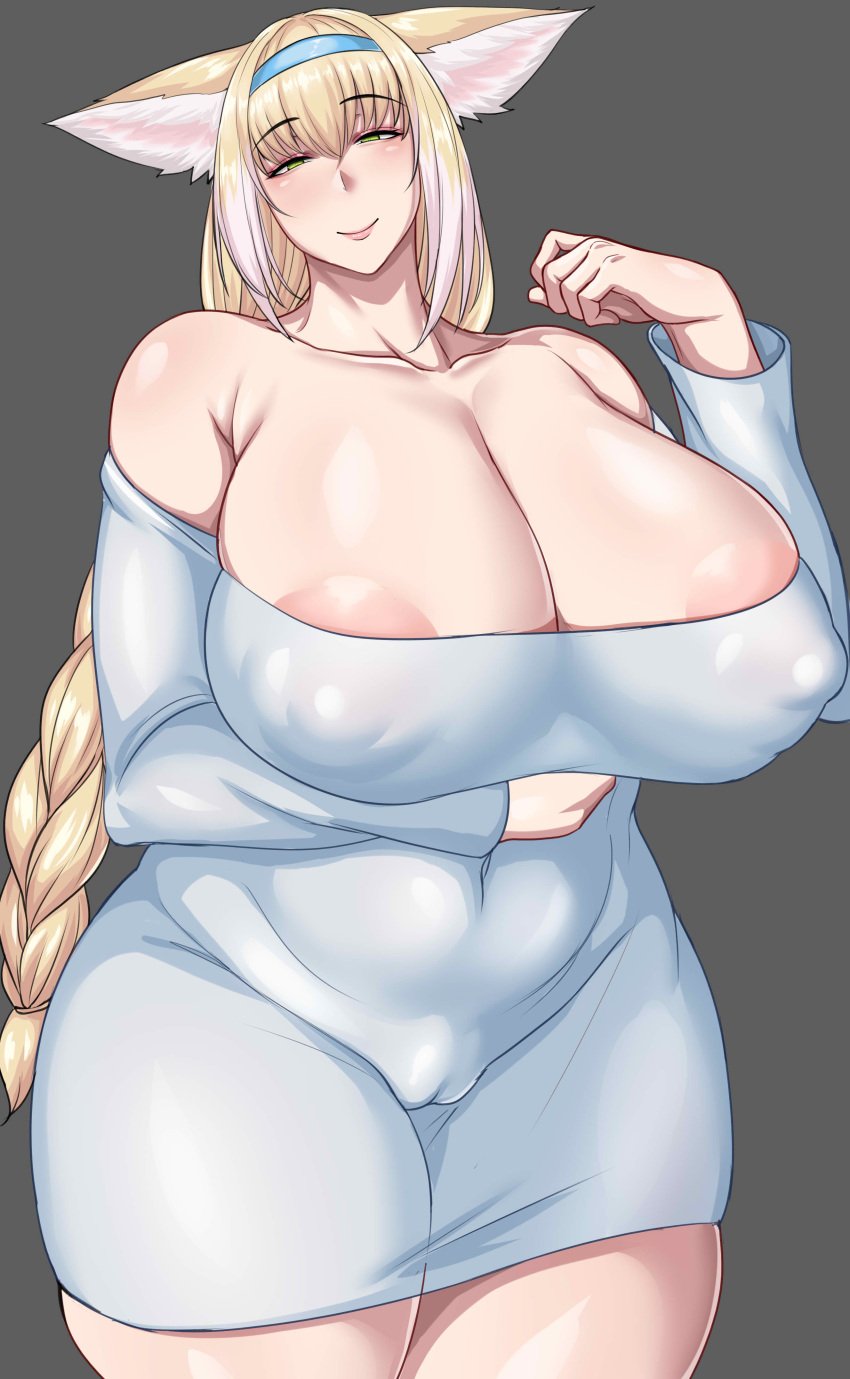 1girls absurdres alternate_breast_size animal_ears areola_slip areolae arknights arm_under_breasts bare_shoulders blonde_hair blush braid breasts cameltoe cleavage covered_navel curvy female fox_ears gigantic_breasts green_eyes grey_background hairband half-closed_eyes highres huge_breasts impossible_clothes large_areolae long_hair looking_at_viewer love321 mature_female milf nipples no_tail off-shoulder_shirt off_shoulder older plump shirt simple_background single_braid smile solo suzuran_(arknights) thick_thighs thighs very_long_hair