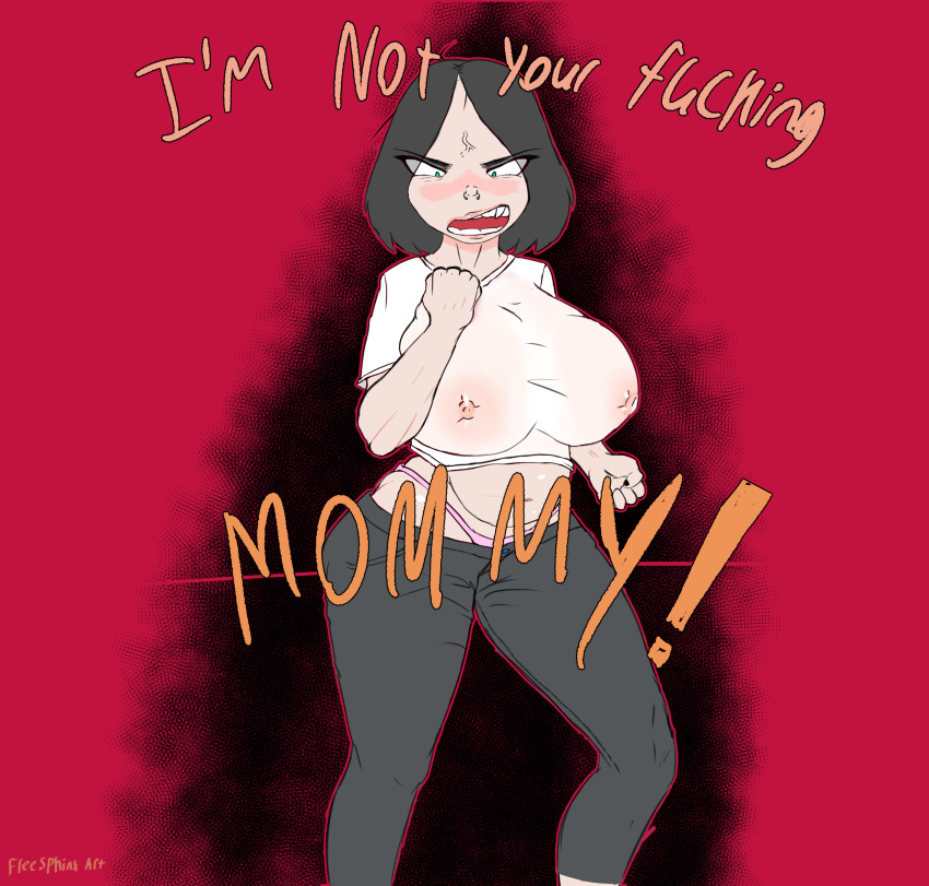 anger_vein angry artist_self-insert black_hair blue_eyes blush breast_press breasts bubblegumrising chubby chubby_female dialogue erect_nipples eye_bags eyeshadow fanart female fist freesphinx huge_breasts jeans large_breasts looking_at_viewer makeup midriff mommy_kink nipples nose_ring open_mouth original_character panties panties_showing pants pink_panties profanity simple_background solo staring t-shirt tight_clothes tight_clothing tight_fit whale_tail white_shirt