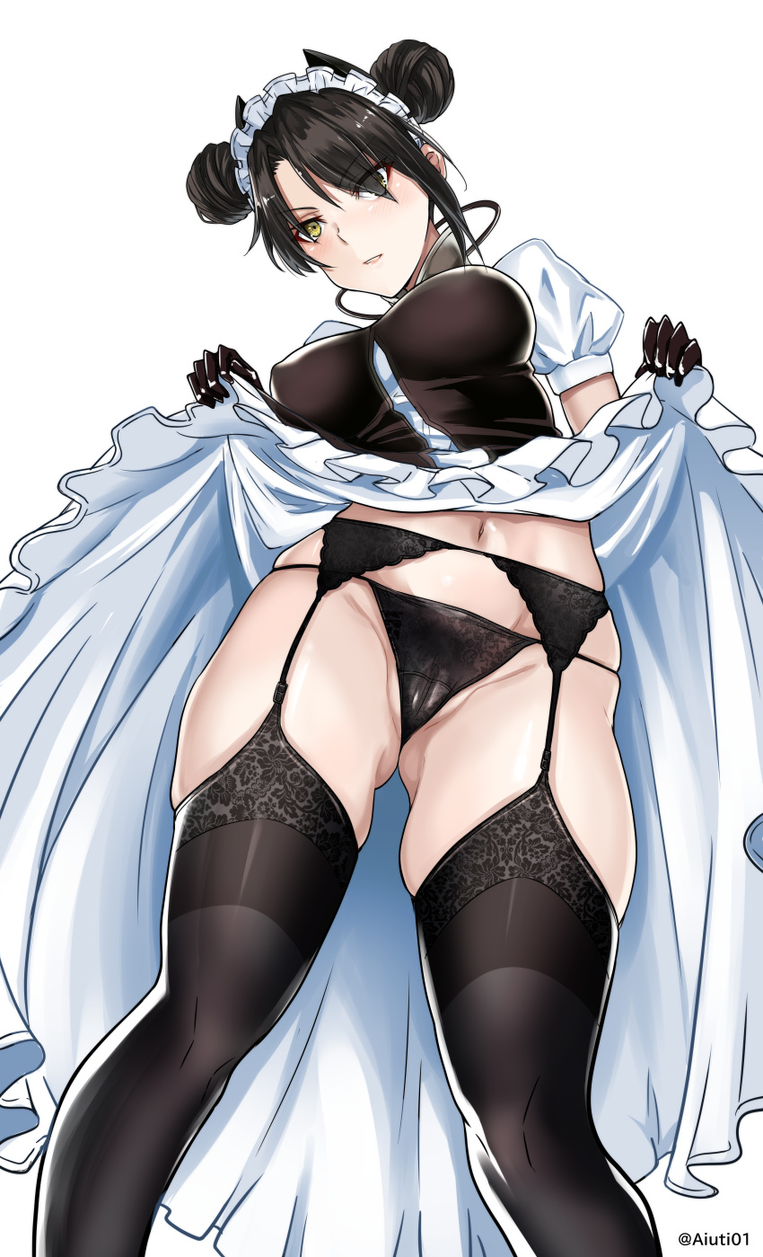 absurdres agent_(girls'_frontline) aiuti ass black_gloves black_panties blush breasts cameltoe clothes_lift double_bun dress dress_lift female female garter_belt garter_straps girls'_frontline gloves highres lifted_by_self looking_at_viewer maid_headdress navel panties sangvis_ferri short_hair simple_background solo underwear white_background yellow_eyes