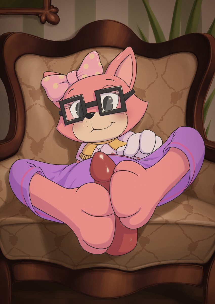 absurd_res accessory alternate_version_at_source anthro bottomwear chair clothing disembodied_penis domestic_cat eyewear feet felid feline felis female foot_fetish foot_play footjob furniture genitals glasses gloves hair_accessory hair_ribbon hairbow handwear hi_res male mammal minum pac-man_eyes pancake_(toontown) penis pink_bow pink_clothing pink_shirt pink_topwear ribbons scarf seductive sex shirt skirt solo toontown_cat toontown_corporate_clash toontown_online toony toony_eyes topwear