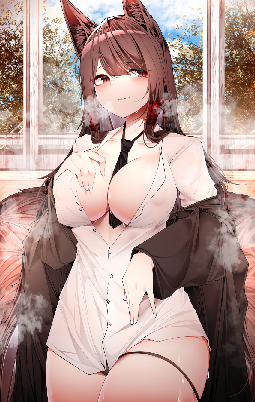 absurdres akagi_(azur_lane) animal_ears azur_lane between_breasts black_necktie blouse breasts brown_hair brown_tail center_opening cleavage female fox_ears fox_girl fox_tail highres kitsune large_breasts long_hair long_sleeves multiple_tails necktie necktie_between_breasts panties red_eyes samip shirt slit_pupils standing steaming_body tail underwear white_shirt