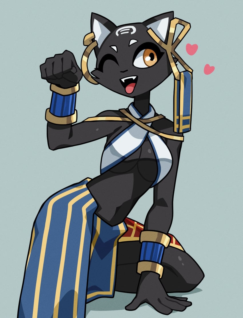 1girls 2023 big_breasts black_body breasts cute_fangs ear_piercing earrings egyptian_clothes fangs feline female female_only furry furry_only hazel_eyes heart navel nulia one_eye_closed simple_background tarahe teeth tongue tongue_out wink winking