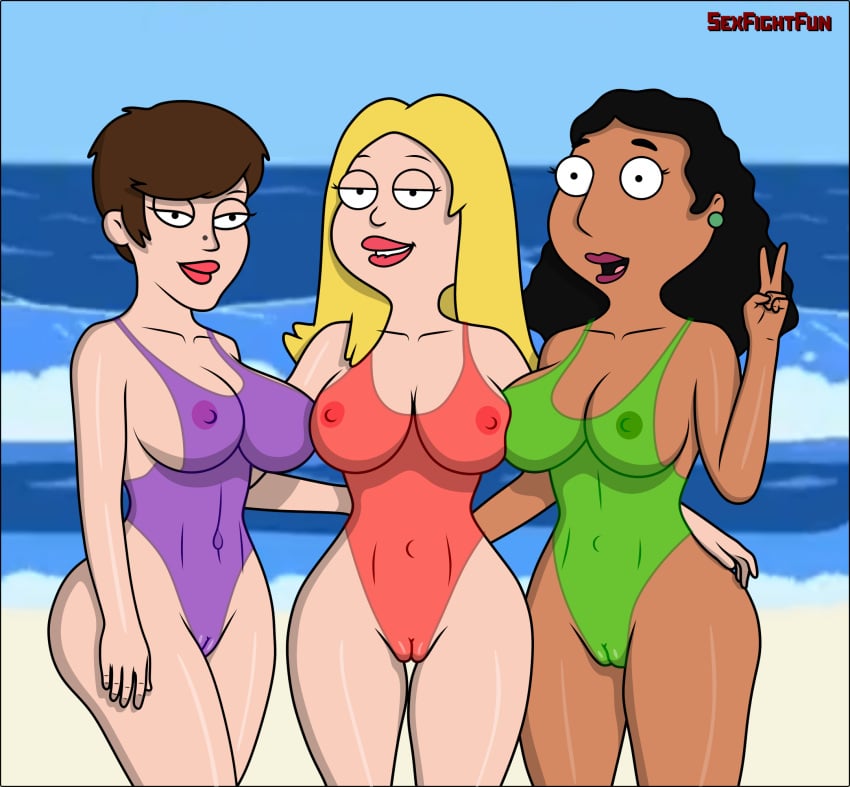 american_dad beach between_labia bikini blonde_hair brown_hair cameltoe erect_nipples francine_smith innie_pussy linda_memari nipples_visible_through_clothing pussy_visible_through_clothes security_guard security_guard_(american_dad) sexfightfun smiley_face swimsuit threesome tight_clothing transparent transparent_clothing trio yuri