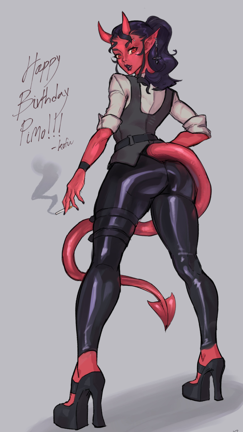 1girls big_ass black_hair cigarette clothed clothing demon demon_girl earrings eyebrow_piercing female female_only fully_clothed high_heels horns humanoid kofuuboat lipstick looking_back ponytail red_eyes red_skin smoking solo tail