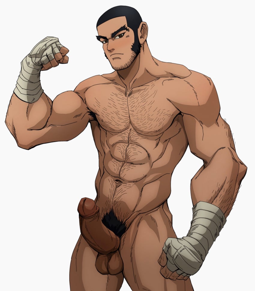 1boy abs balls ballsack bara black_hair body_hair buzz_cut erect_penis erection facial_hair foreskin golden_kamuy human intact male male_nipples male_only male_pubic_hair manly masculine muscular_male pecs penis retracted_foreskin scrotum scruffy_beard sideburns smooth_penis solo tanigaki_genjirou testicles uncut