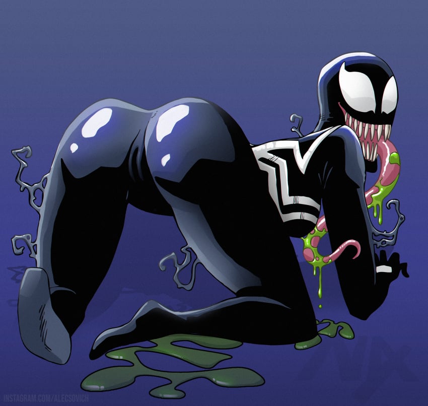 1girls alien alien_girl ass black_body blue_background butt female female_only long_tongue marvel marvel_comics monster_girl nikoalecsovich pussy sharp_teeth she-venom solo solo_female spider-man_(series) tongue tongue_out vaginal white_eyes