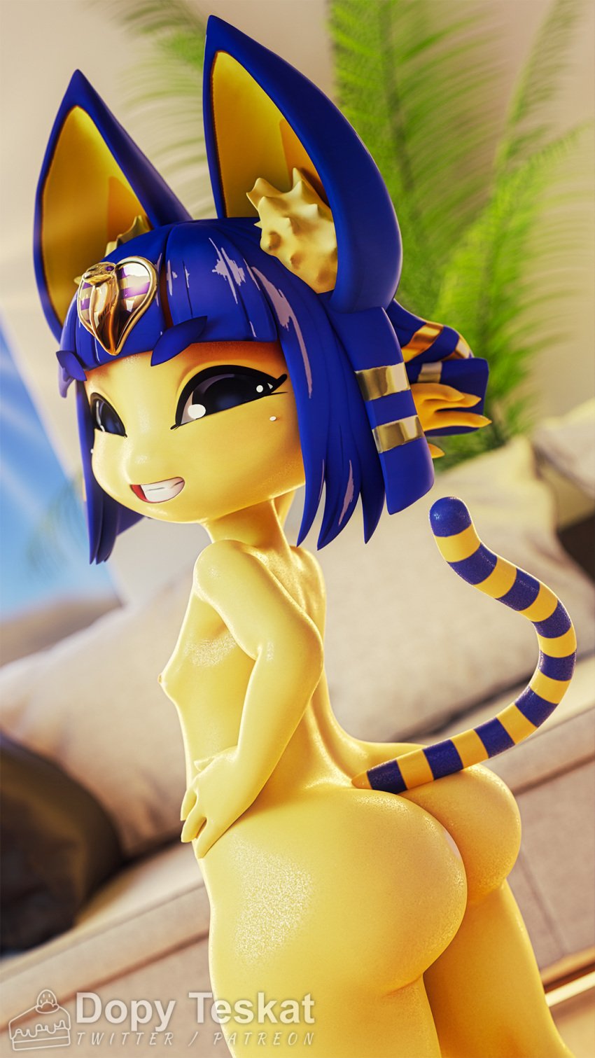 1girls 3d 3d_(artwork) 3d_model animal_crossing ankha ankha_(animal_crossing) ankha_(zy0n7) anthro ass bedroom_eyes big_butt blue_hair blush breasts cat dat_ass digital_media_(artwork) domestic_cat dopyteskat doubutsu_no_mori egyptian felid feline felis female fur furry hair hi_res inner_ear_fluff looking_at_viewer mammal nairu_(doubutsu_no_mori) narrowed_eyes nintendo nipple nude open_mouth seductive short_stack shortstack small_breasts solo tongue tongue_out tuft video_games yellow_body yellow_fur zy0n7