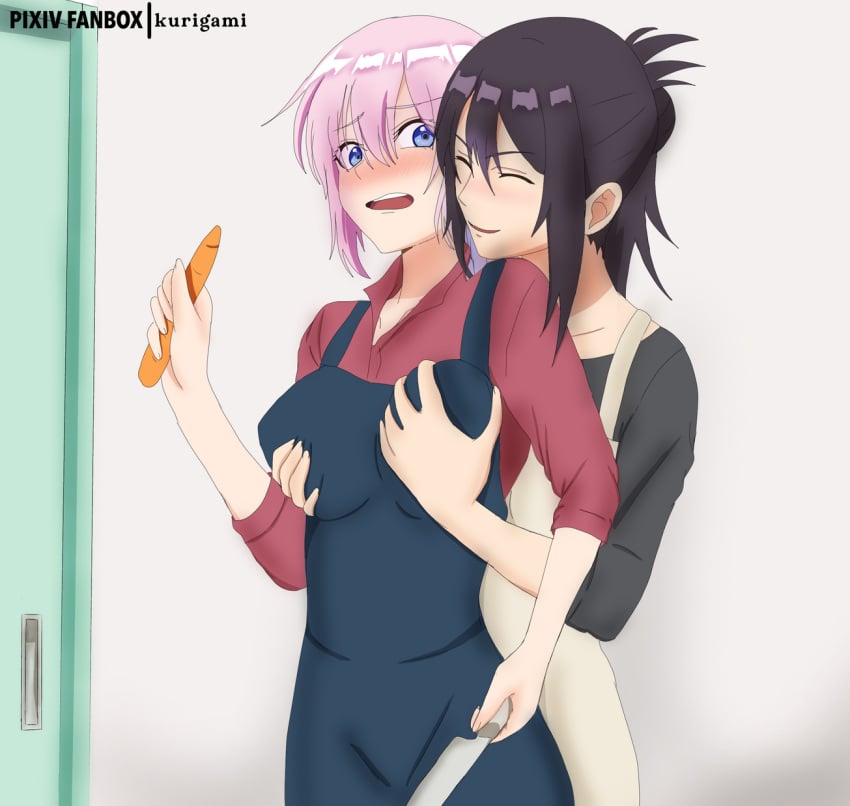 2022 apron black_hair breast_grab breast_grab_from_behind carrot doga_kobo fully_clothed groping groping_from_behind indoors izumi_motoko kawaii_dake_ja_nai_shikimori-san kurigami magazine_pocket milf mother_and_son's_girlfriend pink_hair shikimori_micchon yuri