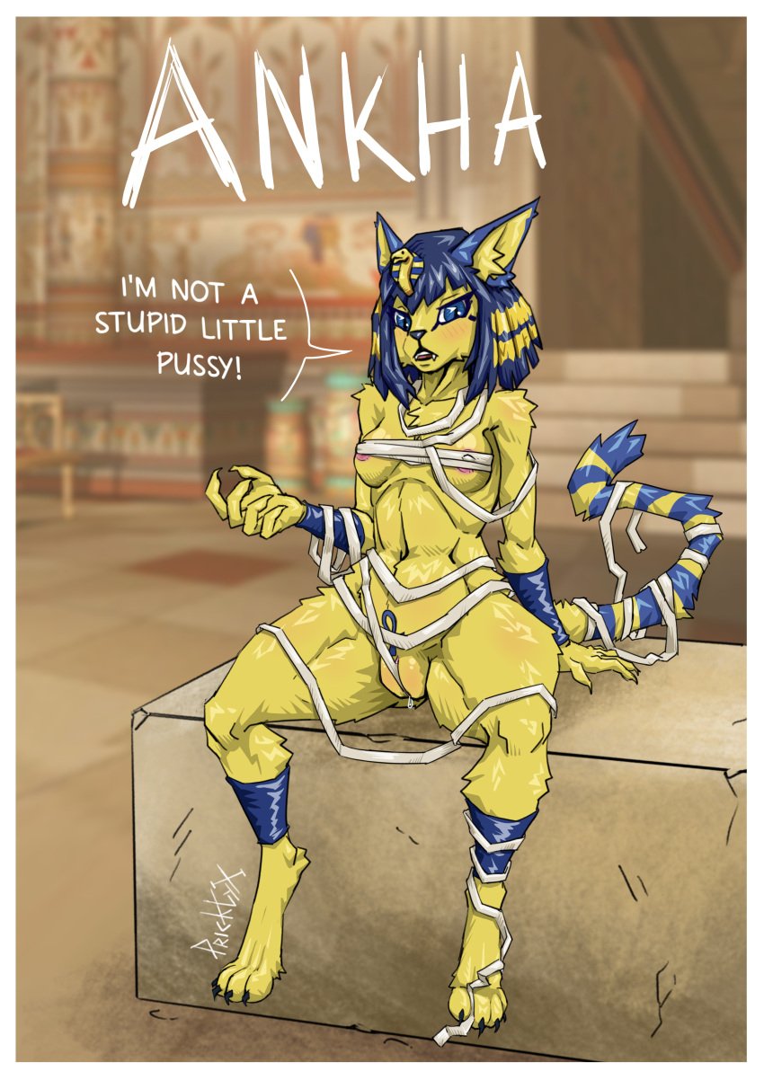 absurd_res animal_crossing ankha ankha_(animal_crossing) anthro bondage bound censored domestic_cat egyptian felid feline felis female genitals hi_res invalid_tag mammal mummy nintendo nipples nude pricklyx pussy restraints rope rope_bondage rope_harness solo solo_anthro tsundere undead yellow_fur