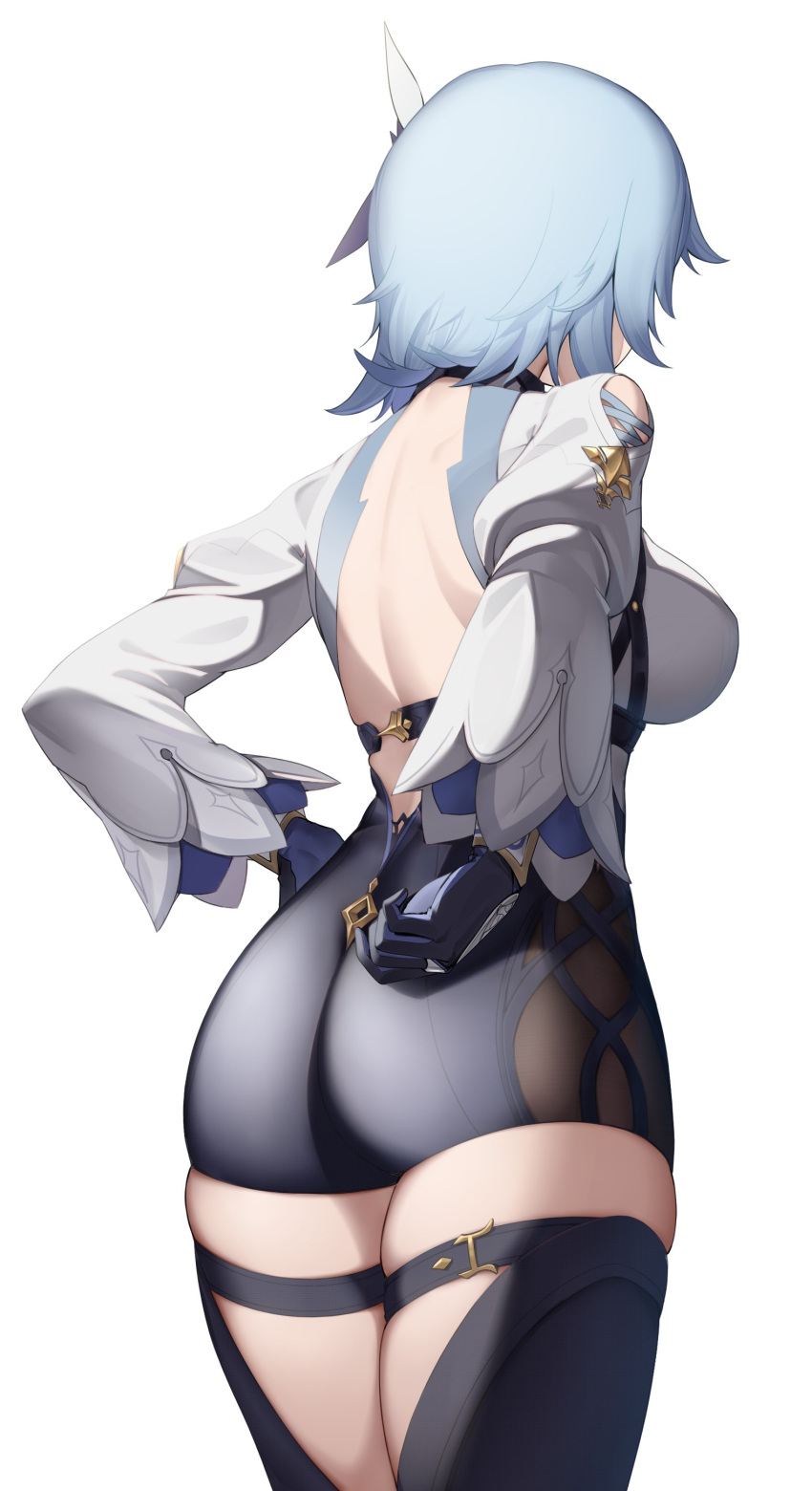 absurdres ass ass_focus backless_leotard backless_outfit bare_back big_ass big_breasts blue_hair breasts commentary detached_sleeves eula_(genshin_impact) fat_ass female from_behind genshin_impact gloves hair_ornament hand_on_ass hand_on_hip highres hourglass_figure huge_ass huge_breasts large_ass large_breasts leotard long_sleeves medium_breasts puffy_sleeves short_hair simple_background skin_tight solo solo_female terebi_(shimizu1996) thick_ass thick_thighs thigh_boots thigh_gap thigh_highs thigh_strap thighhighs thighs voluptuous white_background